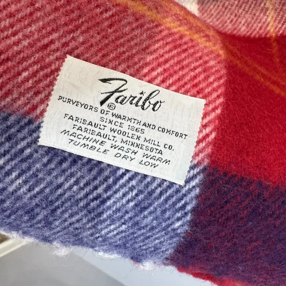 Vintage Faribo Faribault Woolen Mill Company Plaid Red Blue Wool Throw Blanket